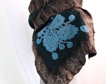 Forest Leaves Felt Scarf Handmade, Mother's Day, Merino Alpaca Viscose fabric and fibers, Bohemian Women Fashion Boho Art Shawl Gift for her