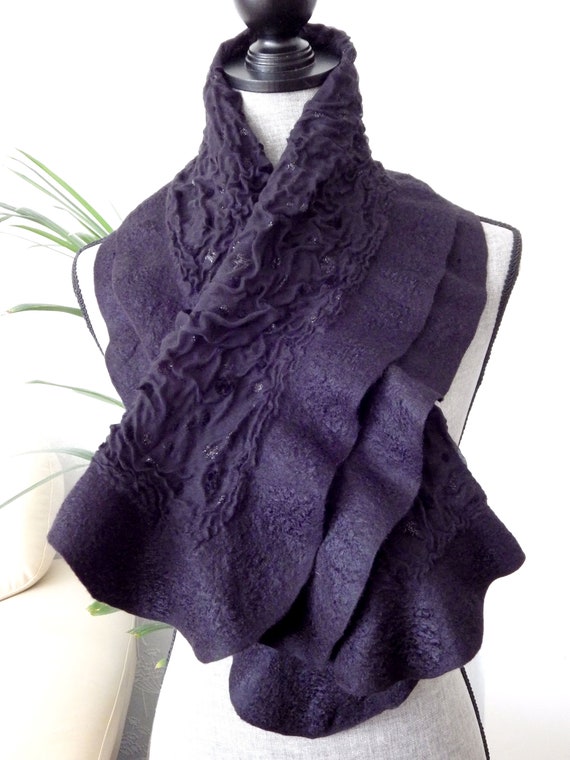 Nuno Felted Scarf Handmade, Felting Merino Viscose Chiffon, Black Elegant Christmas Bohemian Women Fashion Felt Boho Art Shawl, Gift for her