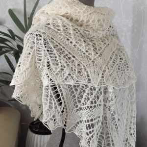 Wedding Lace Knit Shawl, Silk Merino Yarn, Hand knitting, Handmade, Creamy Scarf, Gift for Her, Special Occasion, Bohemian Wedding