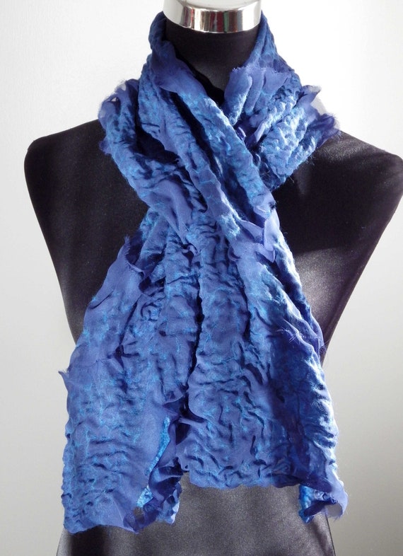 Nuno Felted Scarf, Handmade Wet Felting, Merino Bamboo Chiffon, Night Blue Hippy Style, Bohemian Fashion, Felt Boho Art Shawl, Gift for her