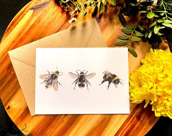 Bee Art Card, Handmade Coloured Pencil Illustration, Blank Greetings