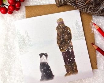 Christmas Card with Farmer & Sheep Dog in Snow - Rustic Holiday Scene Greeting Card