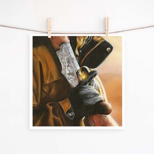 May include: An art print featuring a detailed illustration of a shotgun, gloves, and a coat. The shotgun has intricate silver detailing. The gloves are black, and the coat is brown. The Browning logo is visible on the glove.
