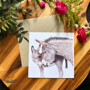 Eco-vriendelijke moeder ezel en veulen wenskaart, natuurcadeau, ezelkaart: duurzame kunst voor oprechte momenten