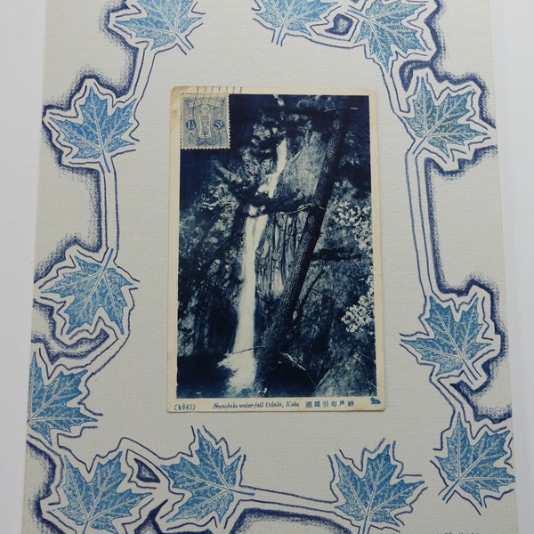 Blue and white collage with vintage Japanese postcard with waterfall and maple leaves  8" x 10"