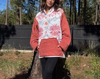 Vintage Women’s Small Upcycled Quilt Hoodie – Rust Accent, Floral Patchwork