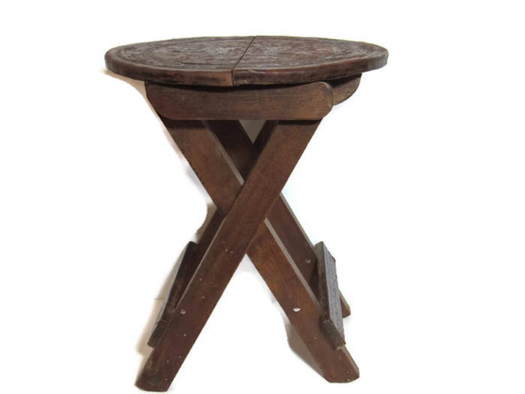 Handcrafted Tooled Leather Wood Stool From Peru Ancient Inca Carvings ...