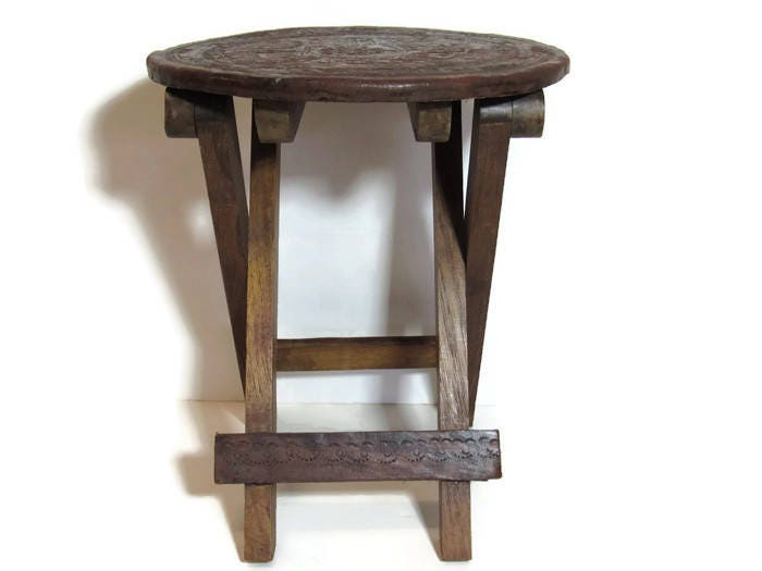 Handcrafted Tooled Leather Wood Stool From Peru Ancient Inca Carvings ...