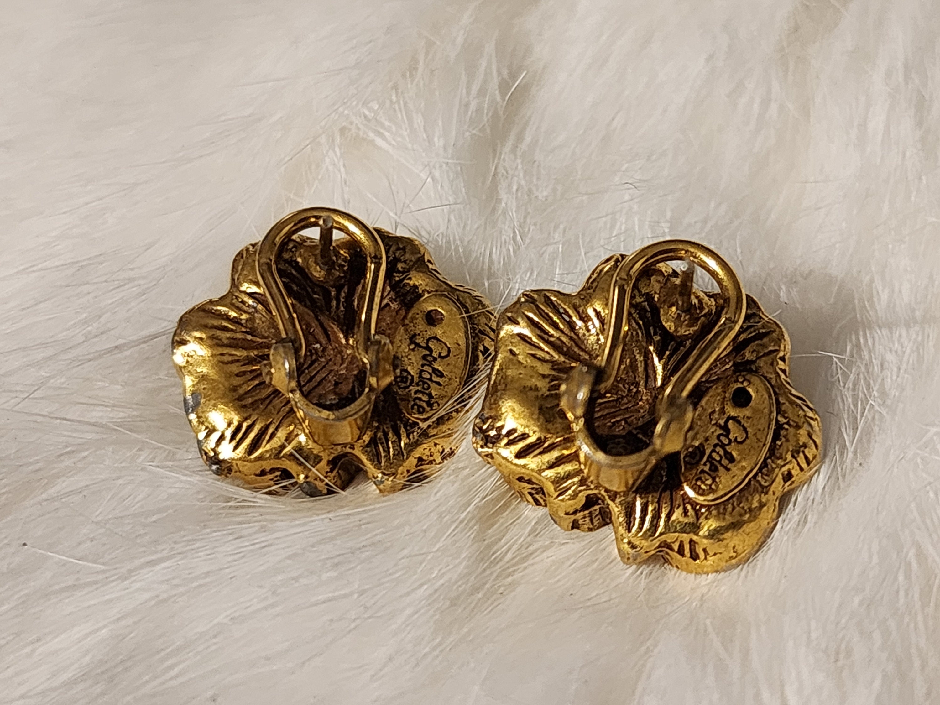 美品  Goldette Rose and Rhinestone Earrings, Vintage Earrings アクセサリー
