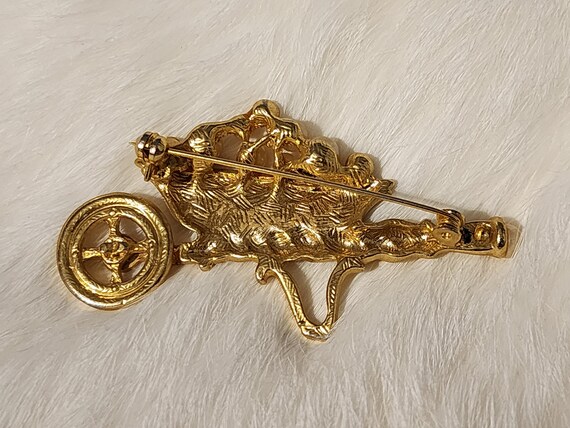 Whimsical Wheelbarrow Brooch in Gold Tone With Fa… - image 2