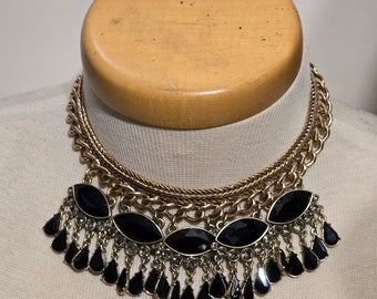 Vintage Banana Republic Bib Necklace: Gold Tone & Black Elegance with Dangle Charms, Statement Jewelry, Big Jewelry, Large Necklace