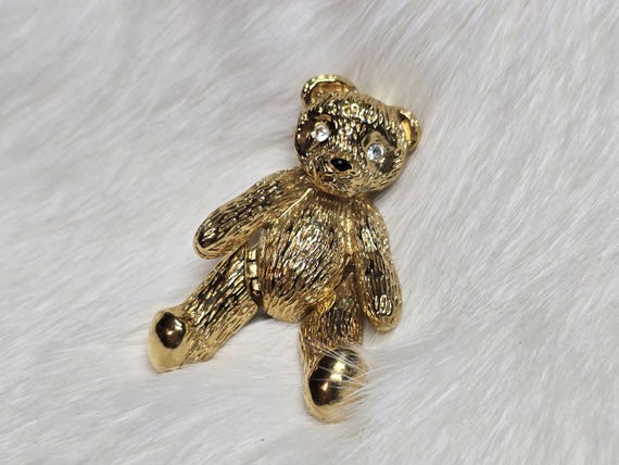 Gold Tone Articulated Teddy Bear Brooch by Butler – Vintage
