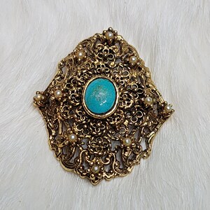 Broche Vintage En Métal Doré Et Perles Turquoise – Bijou Ancien, Pièce Unique Numérotée 1573