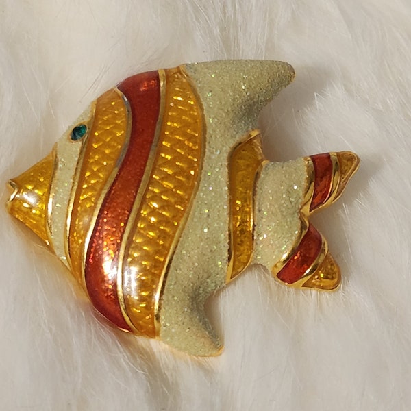 Jewelry Brooch Angel Fish Figurine Gold Ivory Red Tones Stripes Alternated With Iridescent Ivory Color PS Co Plainville Stock Co 1999, Retro
