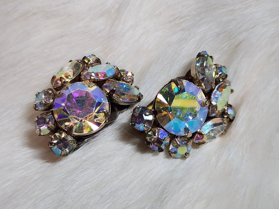 Midcentury Modern Vintage Signed Sherman Clipon Earrings Clear AB