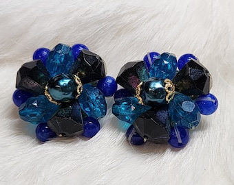 Exquisite Vintage Blue and Black Beaded Cluster Clip-On Earrings - Imported from Germany, a Touch of European Elegance, Gift for Her