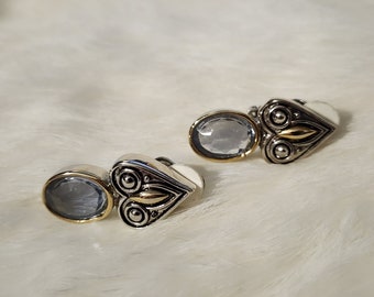 Vintage Silver Tone Clip-On Earrings with Elegant Light Blue Stones, Vintage Glamour for Non-Pierced Ears, Vintage Jewelry, Gift for Her