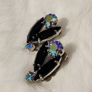 Black Marquis and AB Rhinestone Clip-On Earrings - Glamorous Elegance, Vintage Earrings, Vintage Jewelry, Vintage Clip Ons, Gift for Her