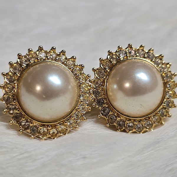 Vintage Fancy Gold Tone Earrings with Faux Pearl and Rhinestone Accents, Vintage Earrings, Vintage Jewelry, Gift for her, Gift for Mom