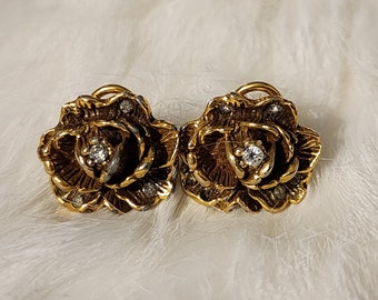 Goldette Rose and Rhinestone Earrings, Vintage Earrings, Vintage Jewelry, Goldette Jewelry, Goldette Earrings, Rose Earrings, Gift for Her