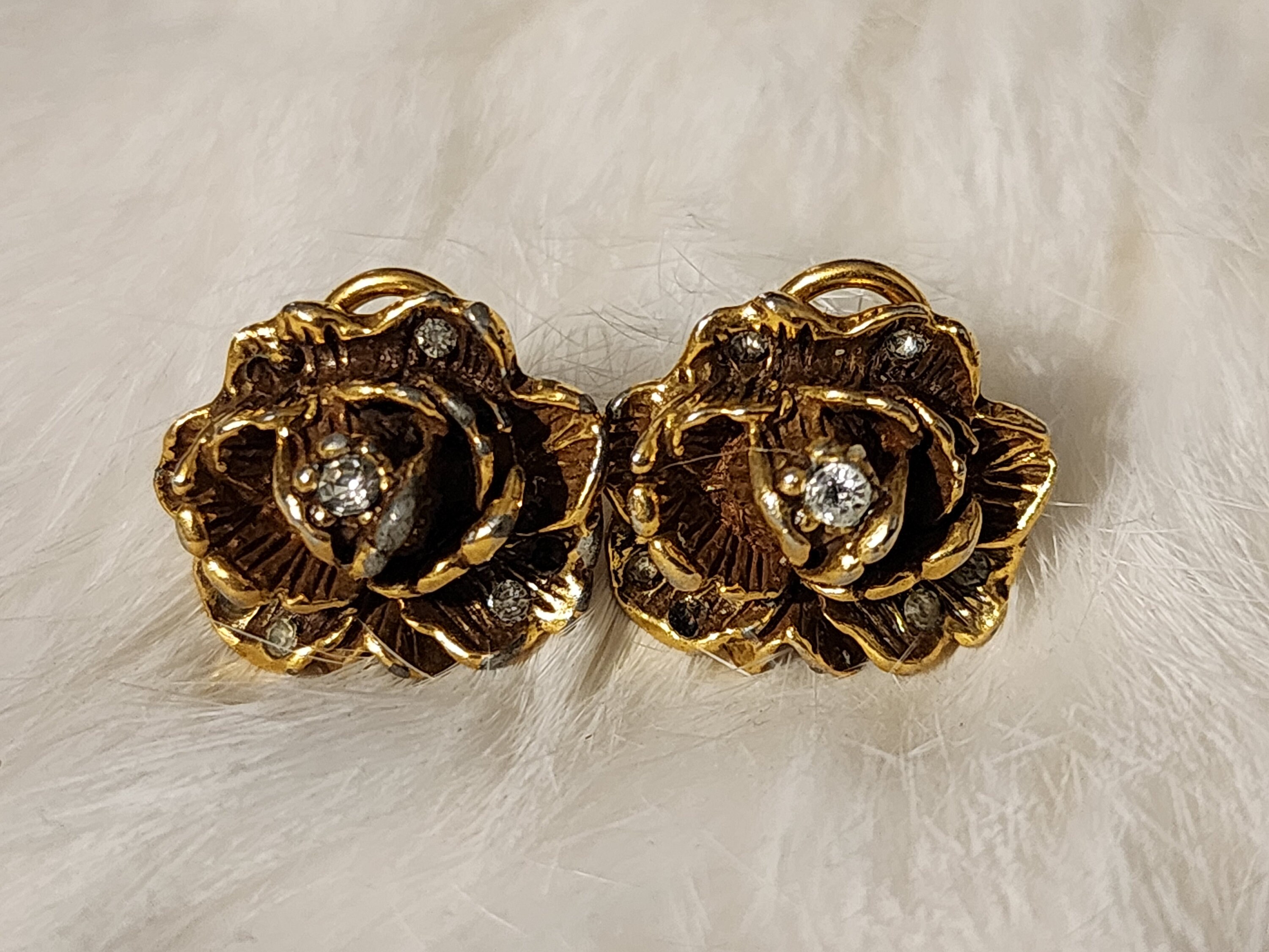 玄関先迄納品 Goldette Rose and Rhinestone Earrings, Vintage Earrings アクセサリー