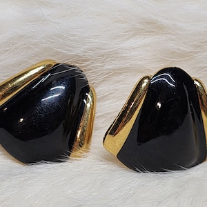 Vintage Money Black Enamel and Gold Tone Clip-On Earrings, Vintage Earrings, Vintage Jewelry, Black Jewelry, 80s Earrings, Gift for Grandma