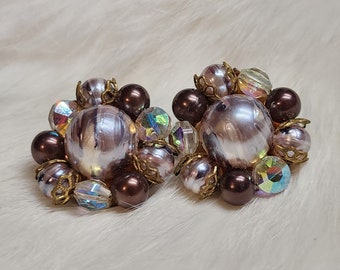 Exquisite Vintage Clip-On Cluster Earrings: Shades of Purple with Iridescent AB Coating, Retro Statement Jewelry, Vintage Earrings, Gift