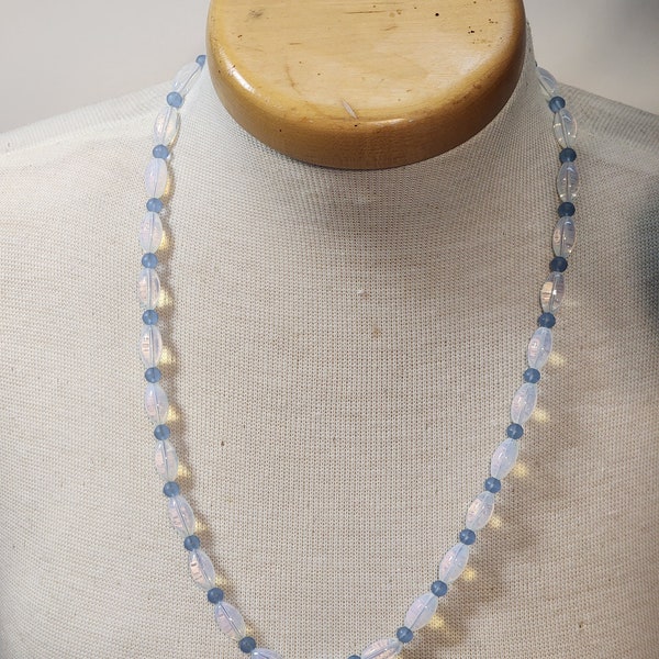Vintage Opalite and Blue Bead Long Necklace - Boho Chic Statement Jewelry, Opalite Jewelry, Opalite Necklace,  Gift for Her, Gift for Mom