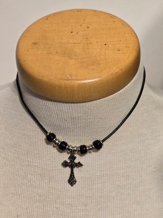 Vintage 90s Grunge Cross Necklace: Black Pony Beads on Waxed Cord, Gothic Jewelry, Gorecore, Gift for Her, Punk Jewelry, Grunge Jewelry Vintage 90s Grunge Cross Necklace: Black Pony Beads on Waxed Cord, Gothic Jewelry, Gorecore, Gift for Her, Punk Jewelry, Grunge Jewelry