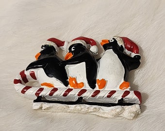 Vintage Holiday Brooch - Whimsical Penguins on Candy Cane Sled - Festive Retro Christmas Accessory, Resin Brooch, Vintage Brooch