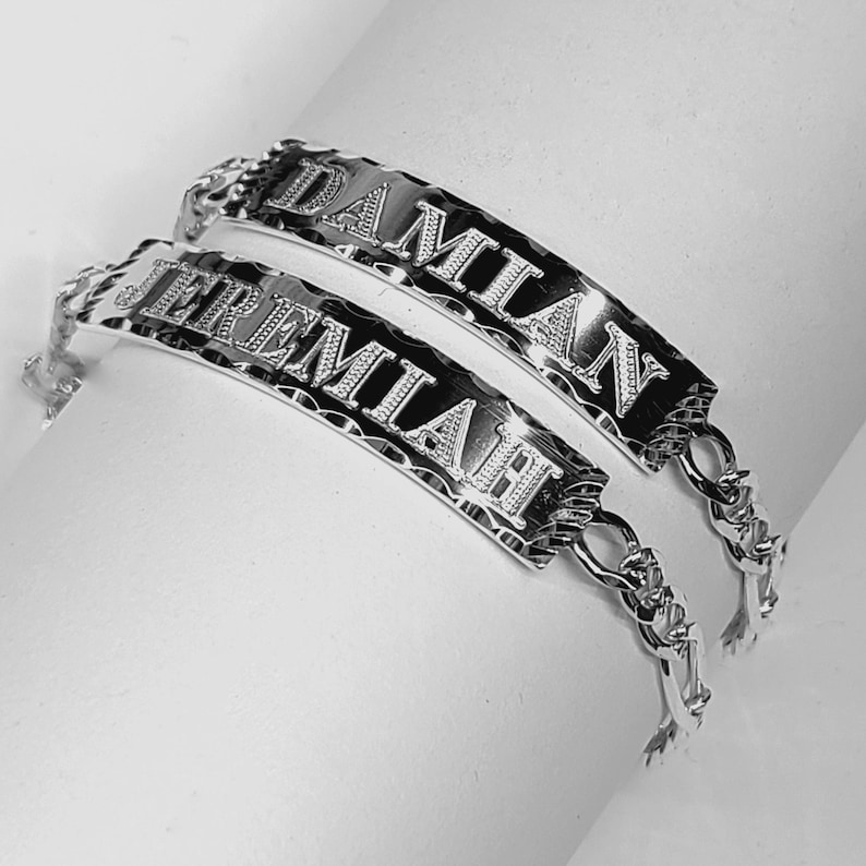 Engraved Name Bracelet, Solid Sterling Silver Figaro Chain, Custom ID Bracelet image 8