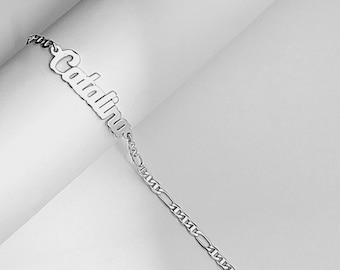Pulsera de identificación de plata esterlina, pulsera de tobillo con nombre grabado, cadena Figaro