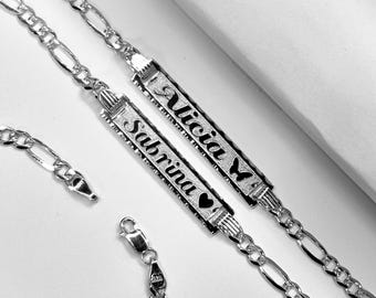 Custom ID Engraved , Sterling Silver, Figaro Chain Bracelet, Personalized ID Jewelry