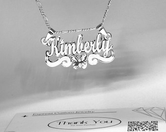 Brush Finish Nameplate Necklace: Custom 925 Sterling Silver, Butterfly Charm