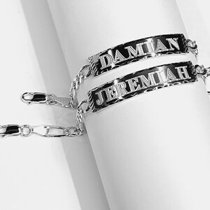 Engraved Name Bracelet, Solid Sterling Silver Figaro Chain, Custom ID Bracelet image 7