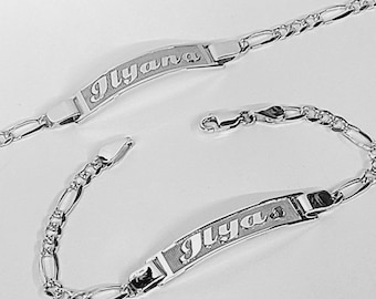 Deep Engraved Name Bracelet, Solid 925 Sterling Silver, Silver ID Bracelet, Figaro Diamond Cut, Script Name on ID Bar, men or Women.