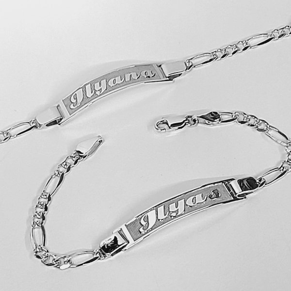 Deep Engraved Name Bracelet, Solid 925 Sterling Silver, Silver ID Bracelet, Figaro Diamond Cut, Script Name on ID Bar, men or Women.