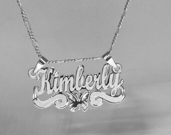Collar con placa de identificación con acabado cepillado: plata de ley 925 personalizada, dije de mariposa
