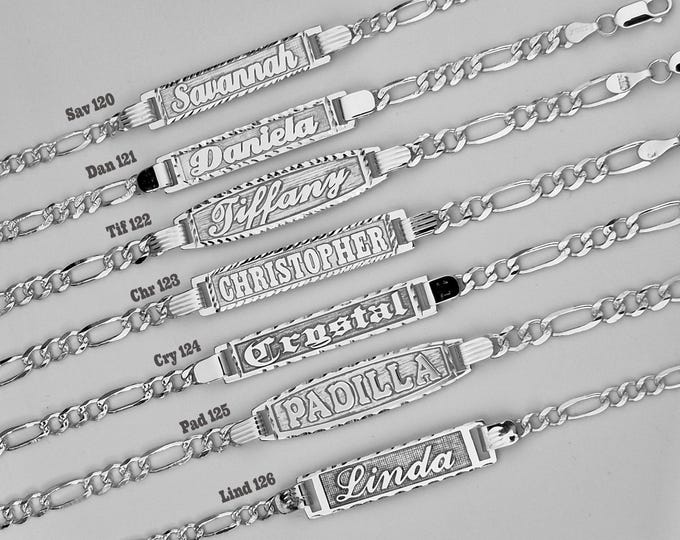 Featured listing image: Engraved Sterling Silver Figaro Chain ID Bracelet: Custom Name ,Block Lettrs,Cursive font.