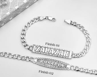 Sterling Silver Figaro Curb ID Bracelet, Diamond Cut Finish, Deep Engraved Name