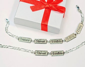 Pulsera rectangular de plata esterlina con nombre familiar, pulsera grabada profundamente, varios nombres, cadena Figaro, corte de diamante.