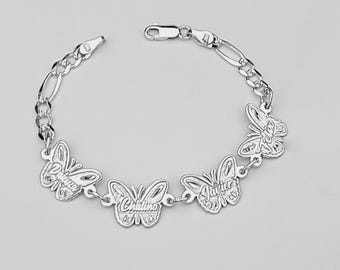 Pulsera personalizada con nombre de mariposa: cadena Figaro de plata de ley 925 grabada