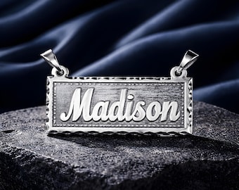 Custom Rectangular Nameplate Necklace, Raised Letter, Figaro Chain 925 Sterling Silver