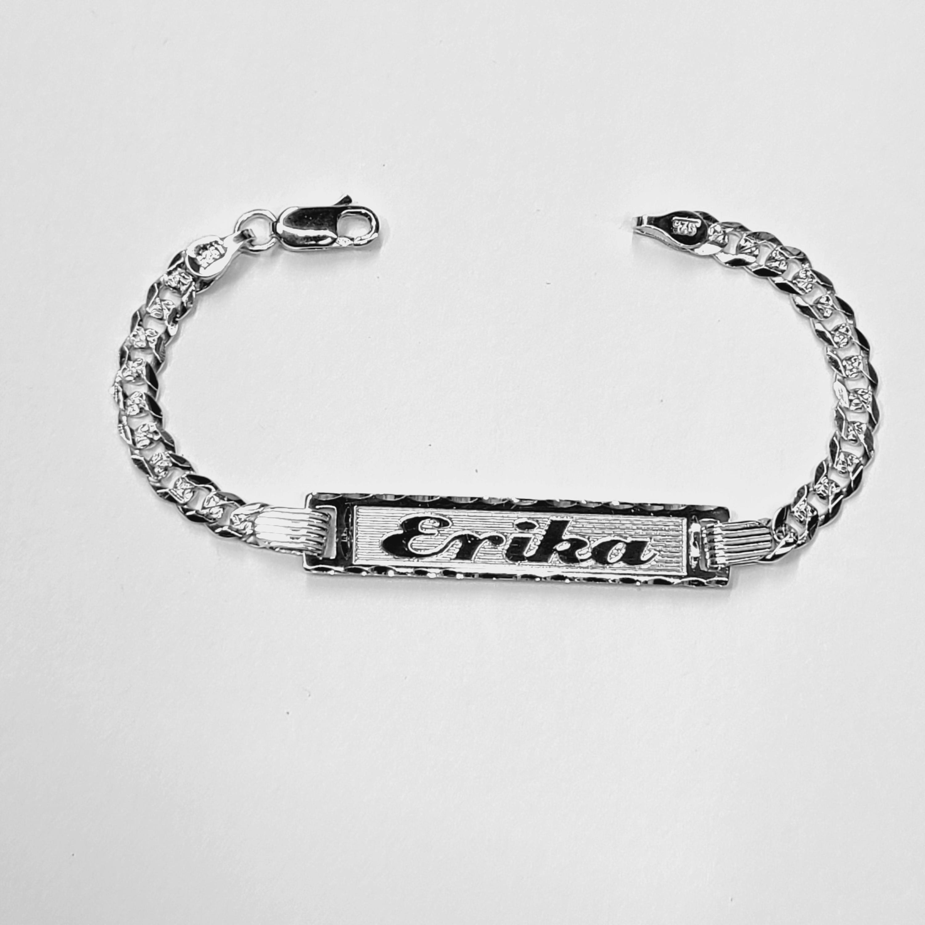 Engraved Sterling Silver Name Bracelet: Diamond Cut Curb Link, ID