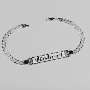 Engraved Script Name Bracelet, Curb Flat Bracelet ID, Solid 925 Sterling Silver, Silver ID Bracelet, Silver Bracelet Diamond Cut, Curb Link.
