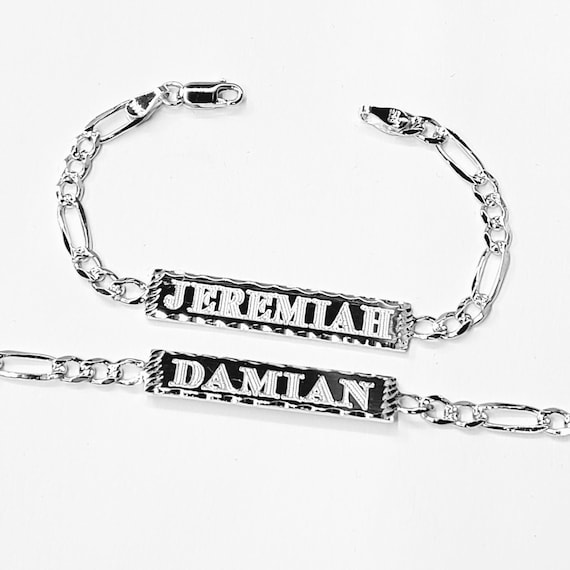 Engraved Name Bracelet, Solid Sterling Silver Figaro Chain, Custom ID Bracelet