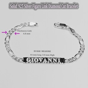 Engraved Name Bracelet, Solid Sterling Silver Figaro Chain, Custom ID Bracelet image 2