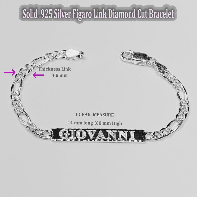Engraved Name Bracelet, Solid Sterling Silver Figaro Chain, Custom ID Bracelet image 2