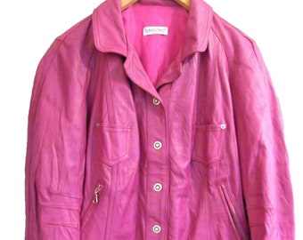 Vintage leather jacket, women's jacket, short leather jacket, pink - fuchsia color, real leather