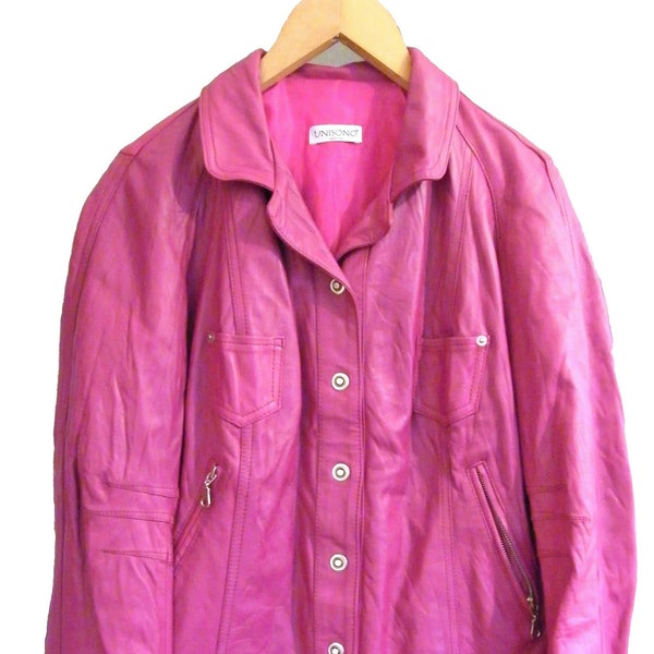 Blouson cuir vintage, blouson femme, blouson cuir court, couleur rose - fuchsia, cuir véritable